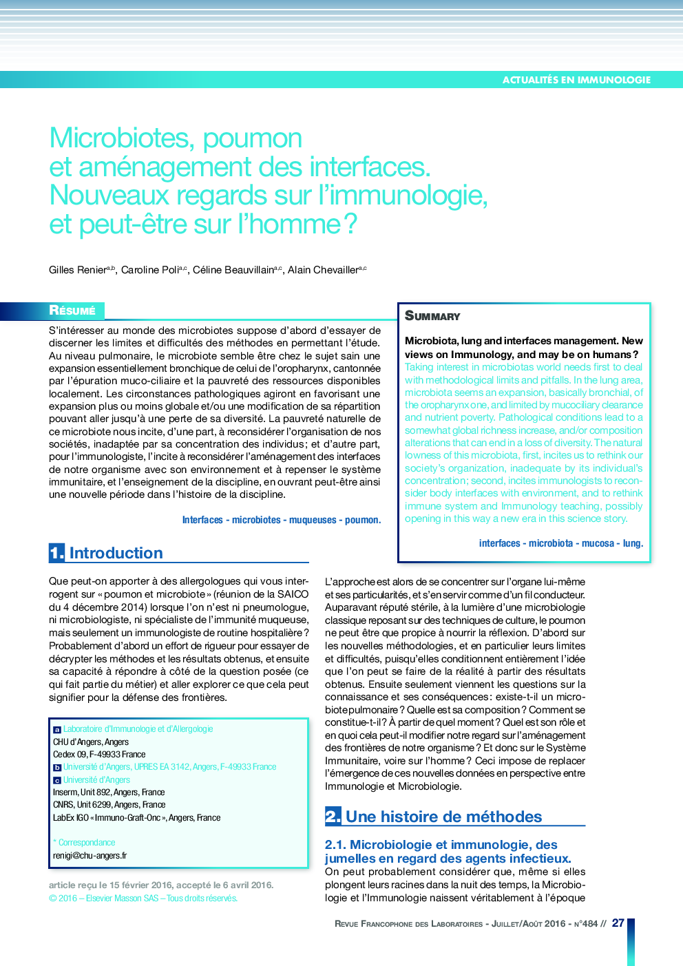 Microbiotes, poumon et aménagement des interfaces. Nouveaux regards sur l'immunologie, et peut-Ãªtre sur l'homme ?