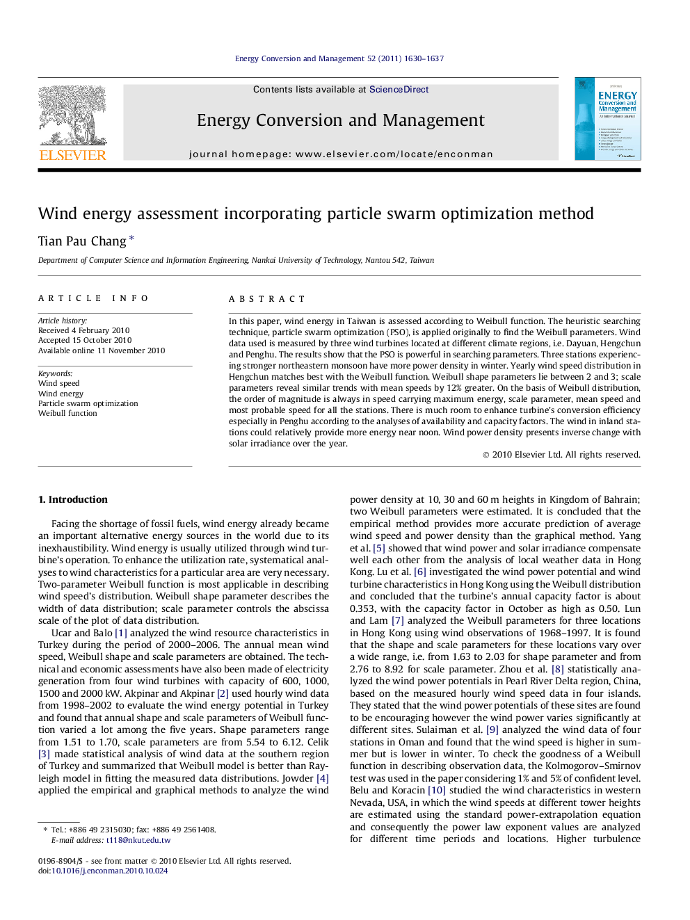 Wind energy assessment incorporating particle swarm optimization method