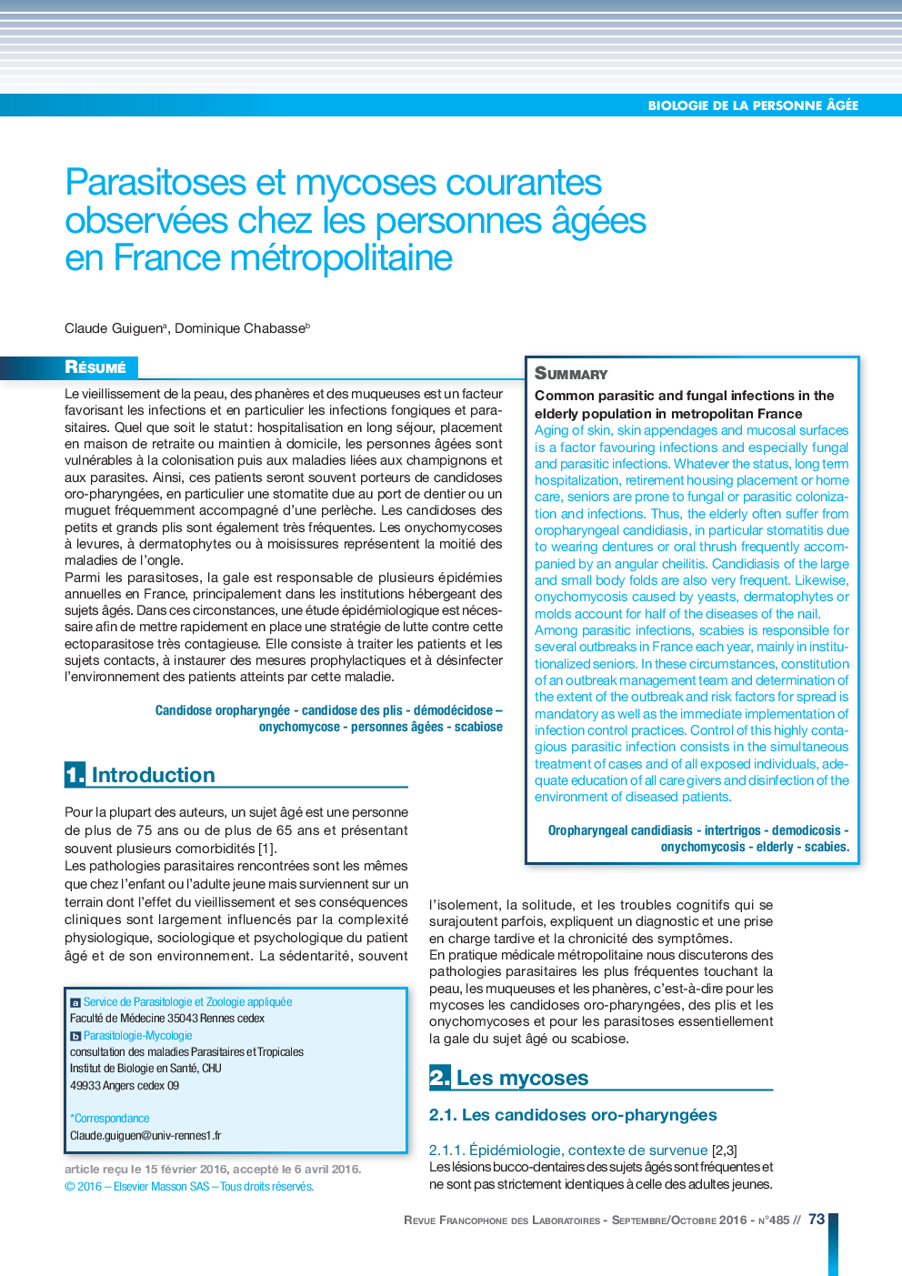 عکس صفحه اول مقاله: Parasitoses et mycoses courantes observées chez les personnes âgées en France métropolitaine Parasitoses et mycoses courantes observées chez les personnes âgées en France métropolitaine