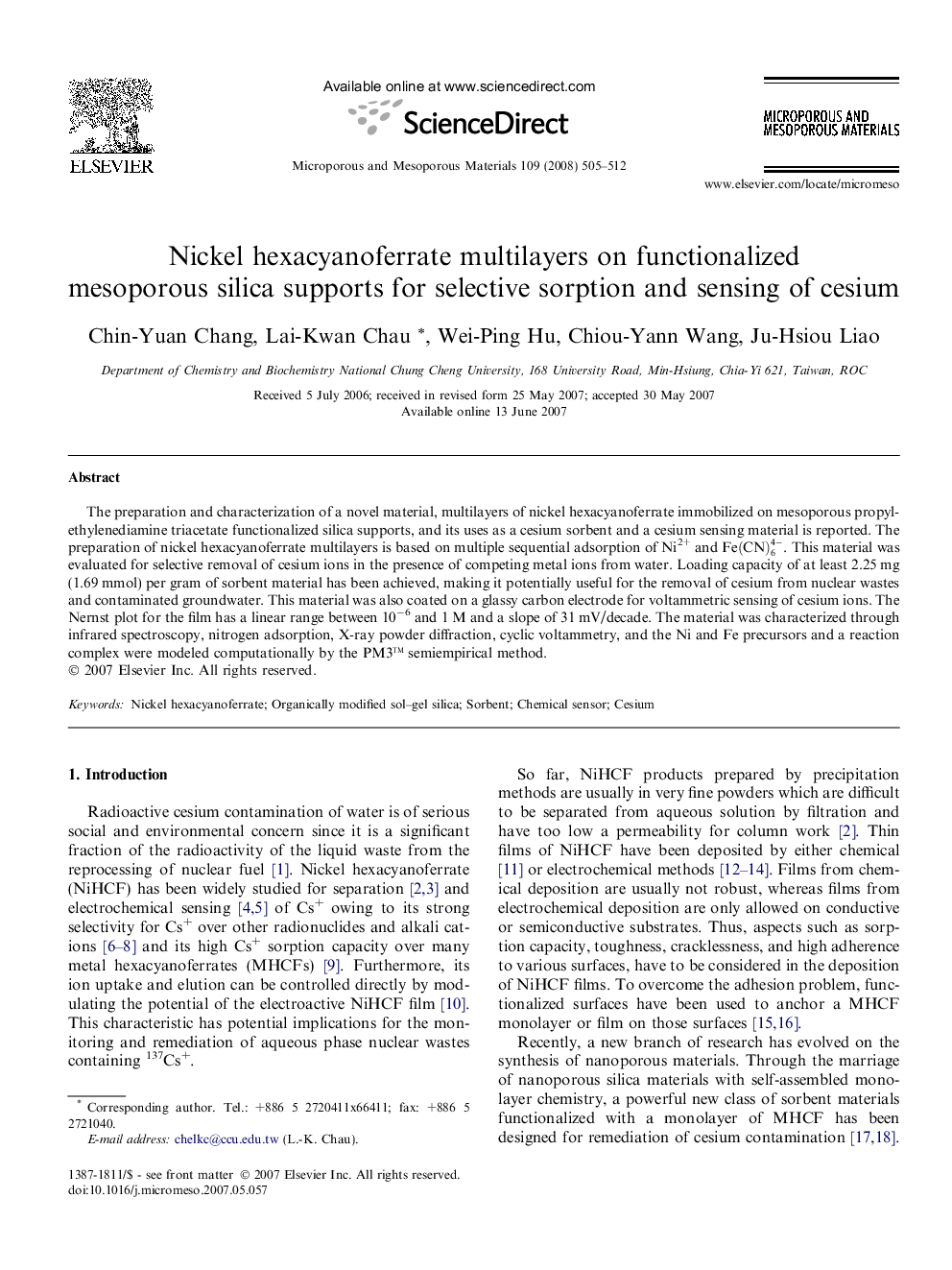 Nickel hexacyanoferrate multilayers on functionalized mesoporous silica supports for selective sorption and sensing of cesium