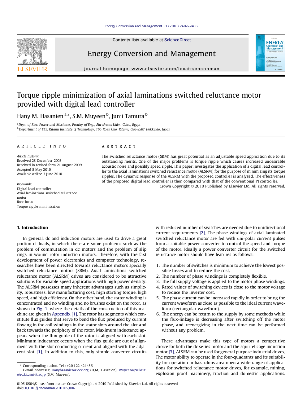 Torque ripple minimization of axial laminations switched reluctance motor provided with digital lead controller