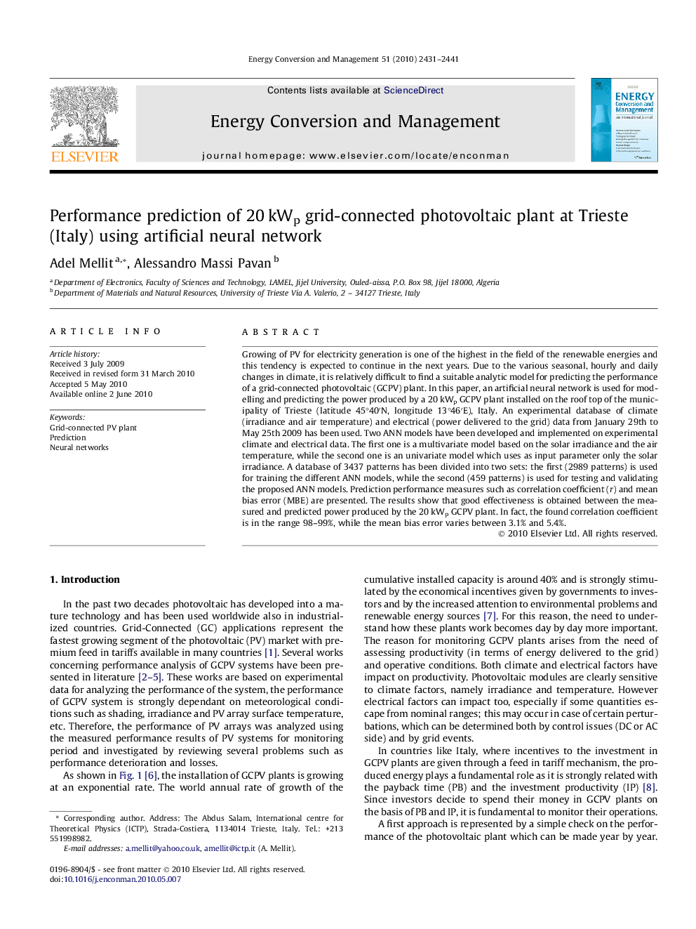 Performance prediction of 20 kWp grid-connected photovoltaic plant at Trieste (Italy) using artificial neural network