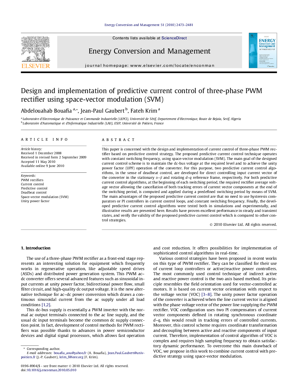 Design and implementation of predictive current control of three-phase PWM rectifier using space-vector modulation (SVM)