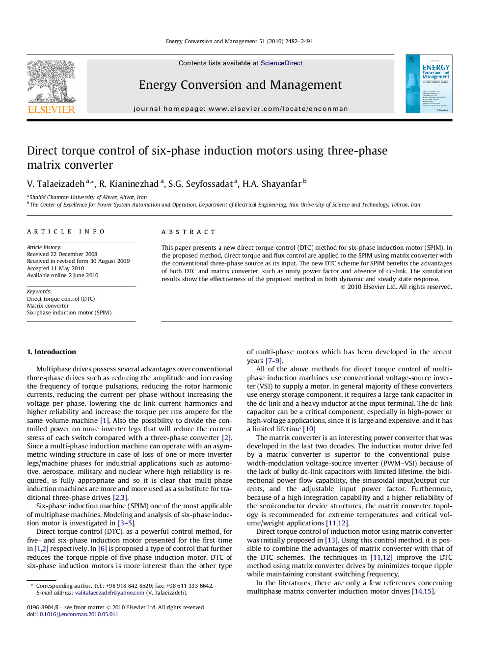 Direct torque control of six-phase induction motors using three-phase matrix converter