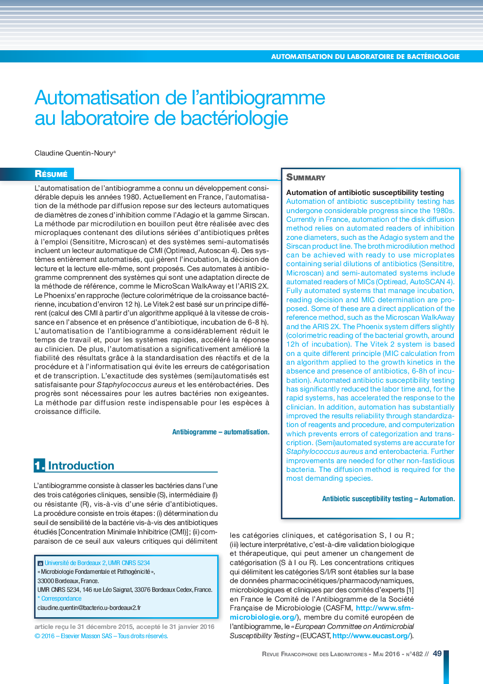 Automatisation de l'antibiogramme au laboratoire de bactériologie