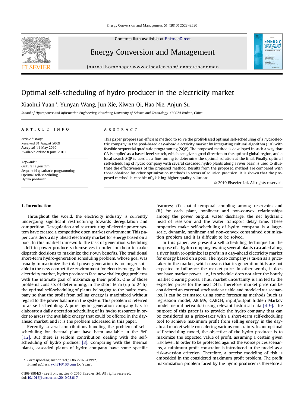 Optimal self-scheduling of hydro producer in the electricity market