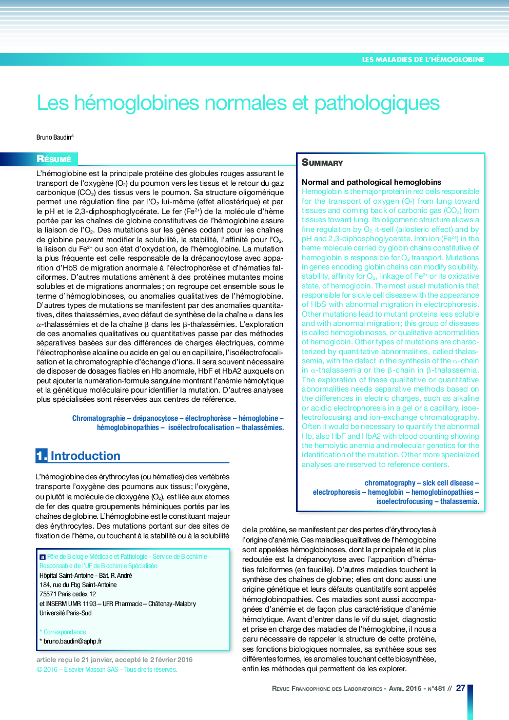 Les hémoglobines normales et pathologiques