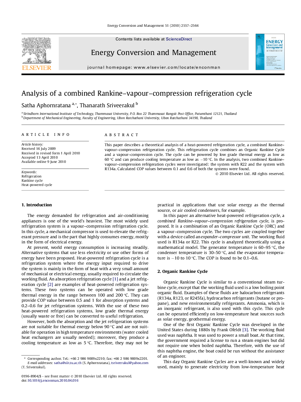 Analysis of a combined Rankine–vapour–compression refrigeration cycle