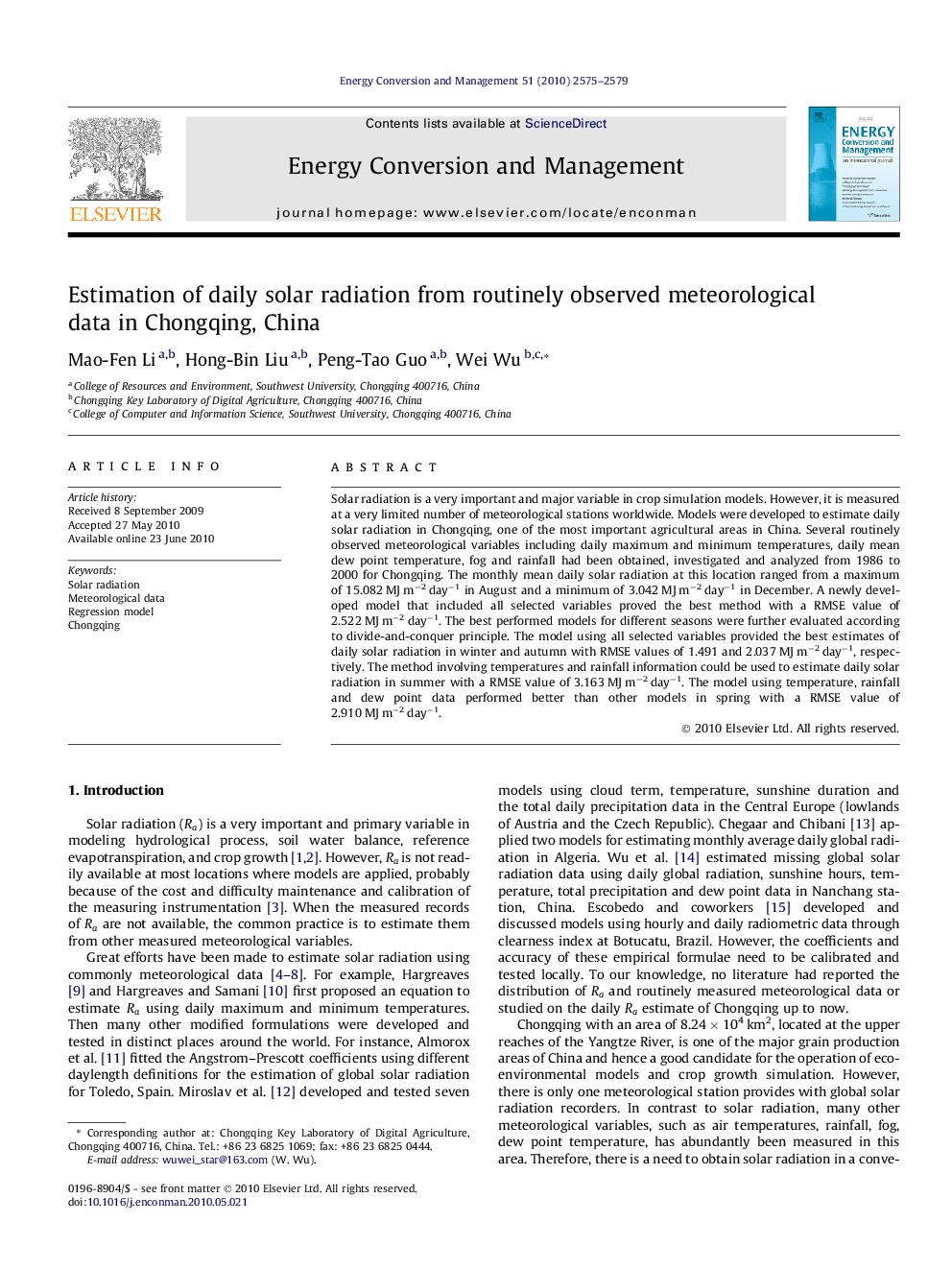 Estimation of daily solar radiation from routinely observed meteorological data in Chongqing, China