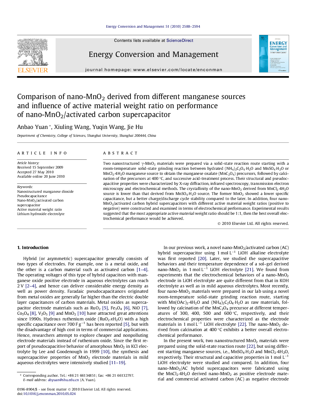 Comparison of nano-MnO2 derived from different manganese sources and influence of active material weight ratio on performance of nano-MnO2/activated carbon supercapacitor