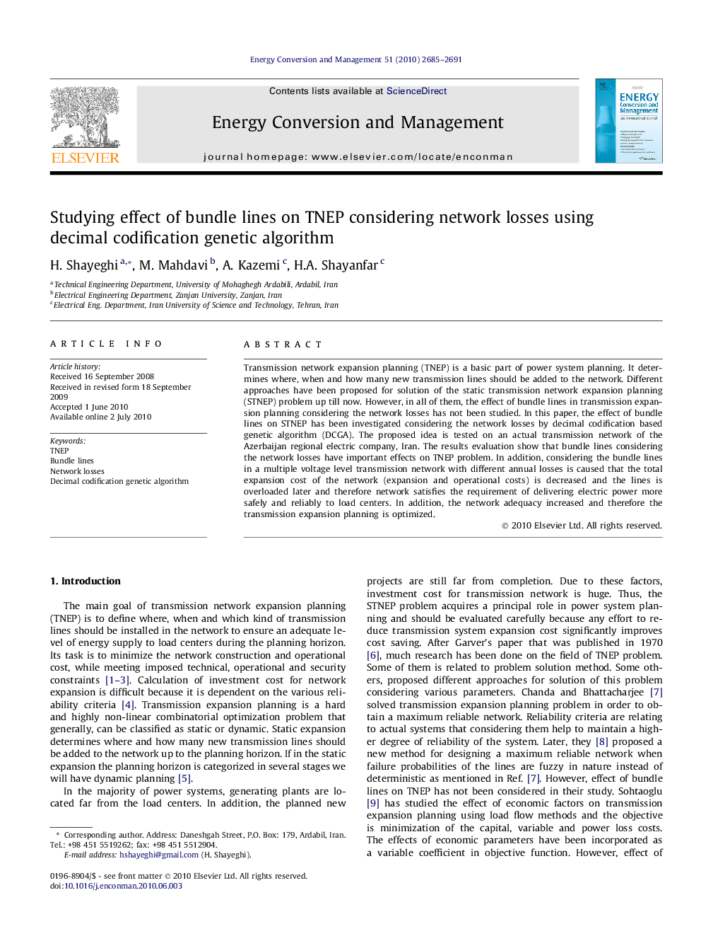 Studying effect of bundle lines on TNEP considering network losses using decimal codification genetic algorithm