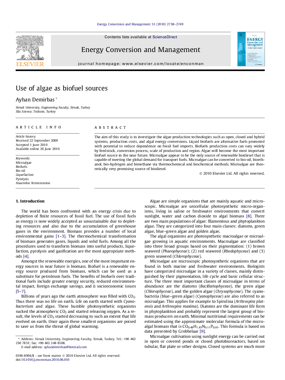 Use of algae as biofuel sources