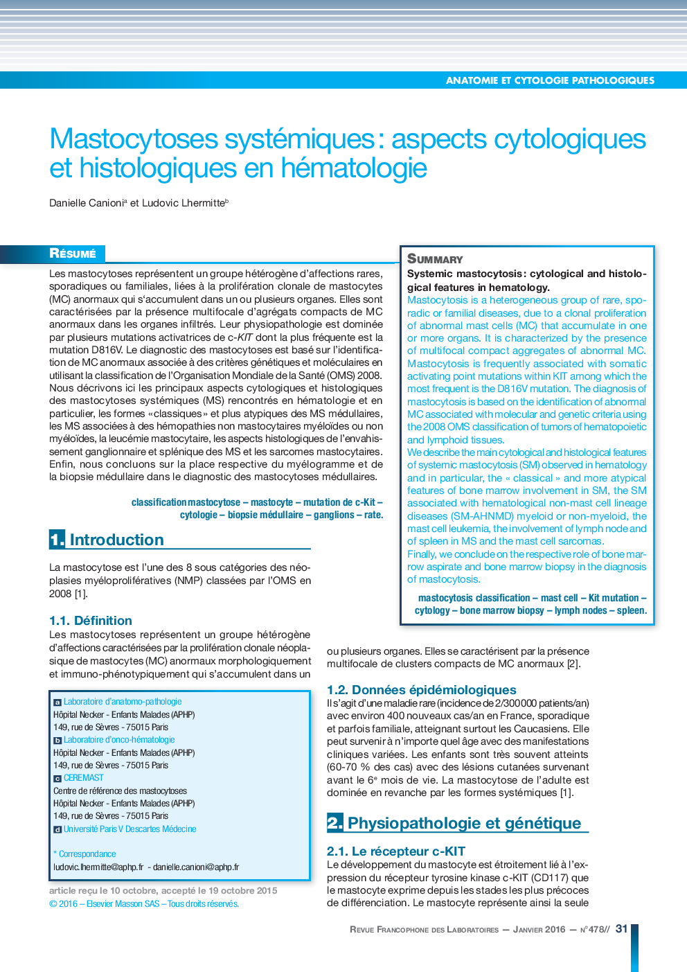 Mastocytoses systémiques : aspects cytologiques et histologiques en hématologie