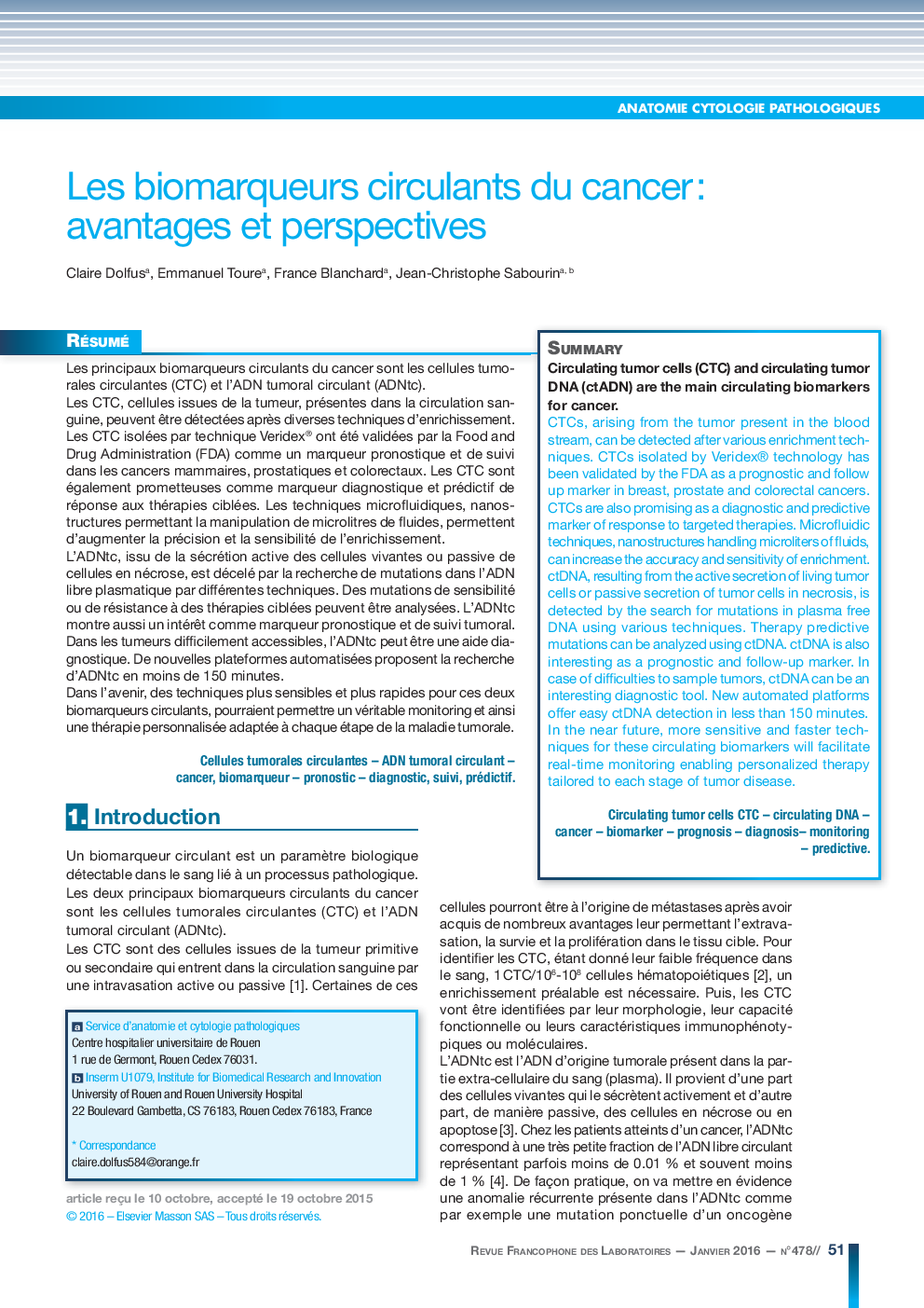 Les biomarqueurs circulants du cancer : avantages et perspectives