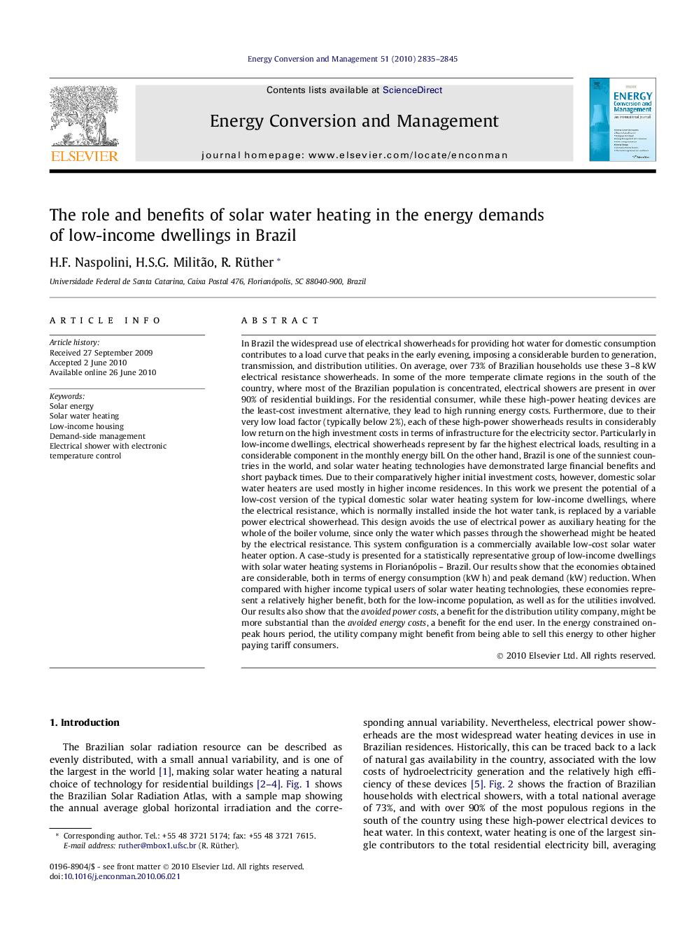 The role and benefits of solar water heating in the energy demands of low-income dwellings in Brazil