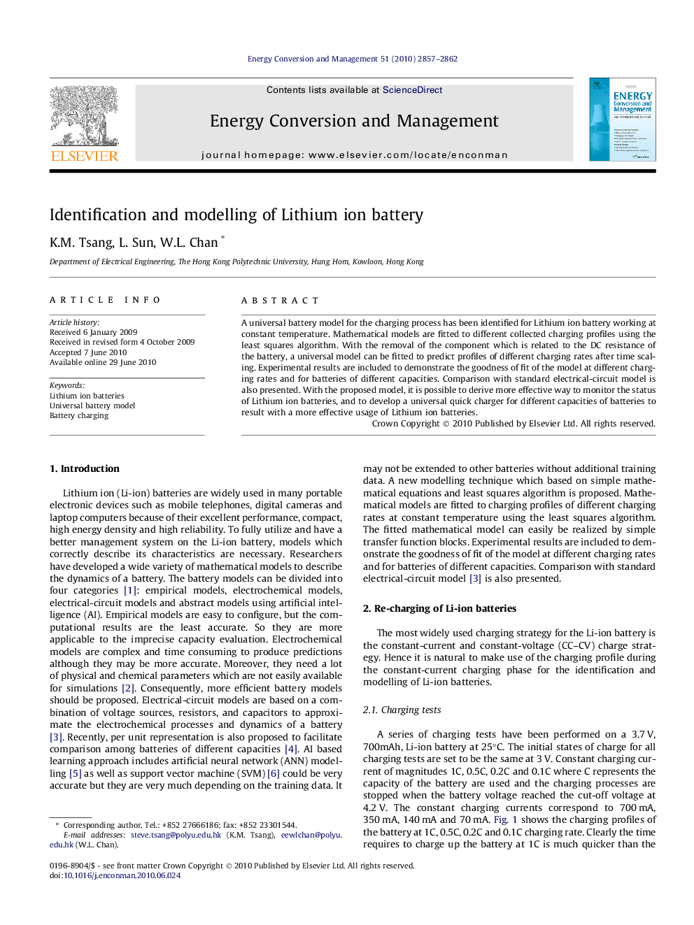 Identification and modelling of Lithium ion battery