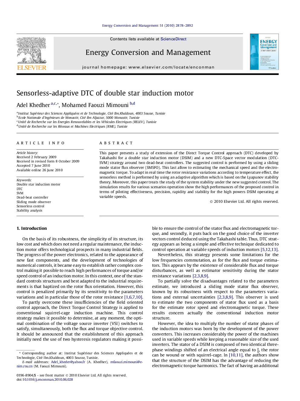 Sensorless-adaptive DTC of double star induction motor