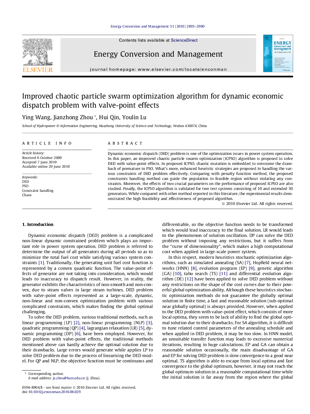 Improved chaotic particle swarm optimization algorithm for dynamic economic dispatch problem with valve-point effects