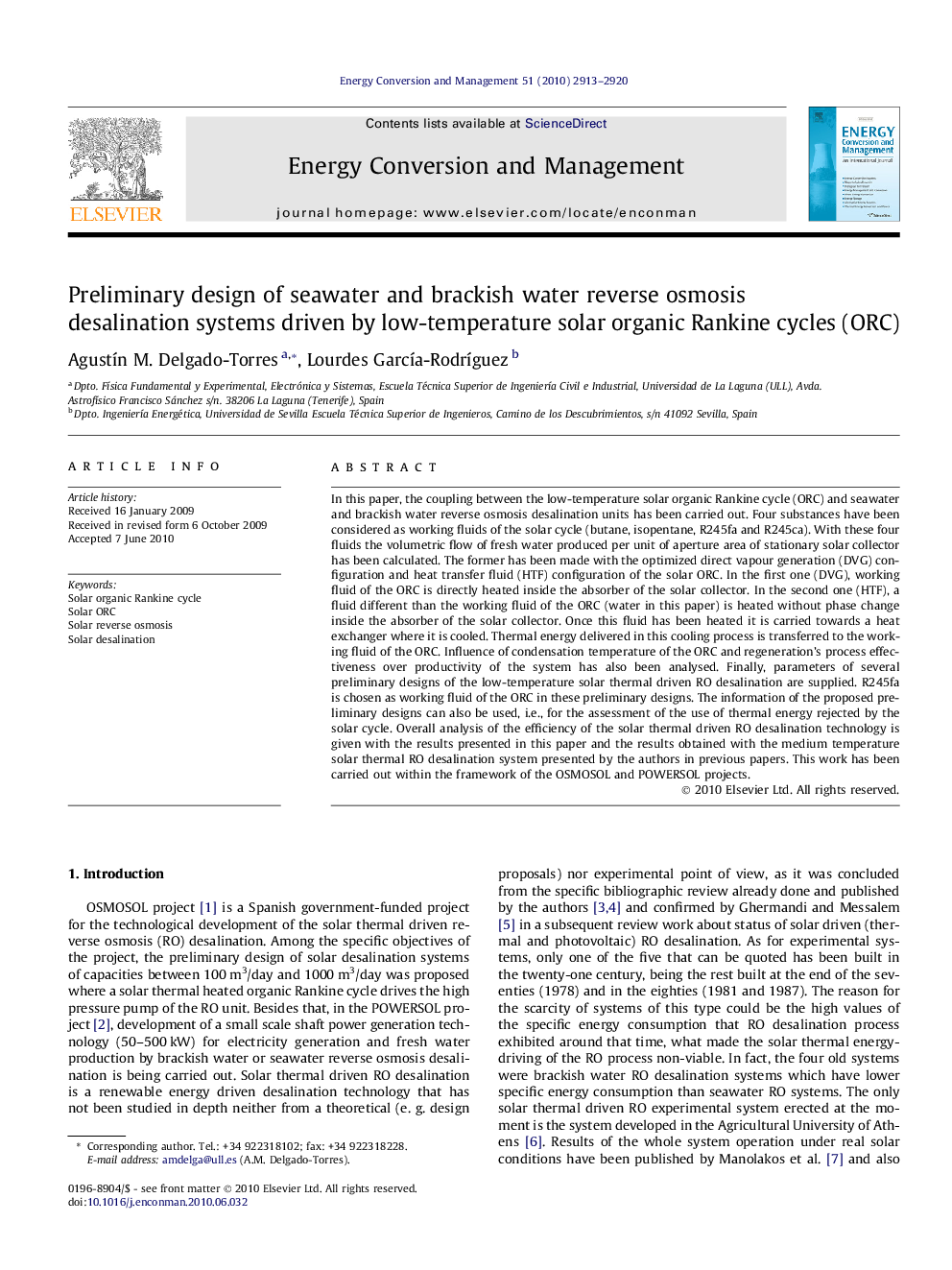 Preliminary design of seawater and brackish water reverse osmosis desalination systems driven by low-temperature solar organic Rankine cycles (ORC)