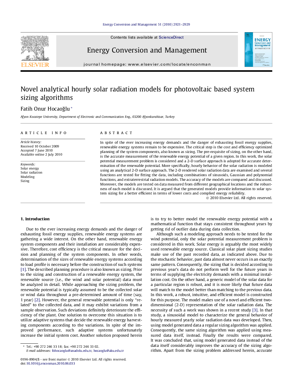 Novel analytical hourly solar radiation models for photovoltaic based system sizing algorithms