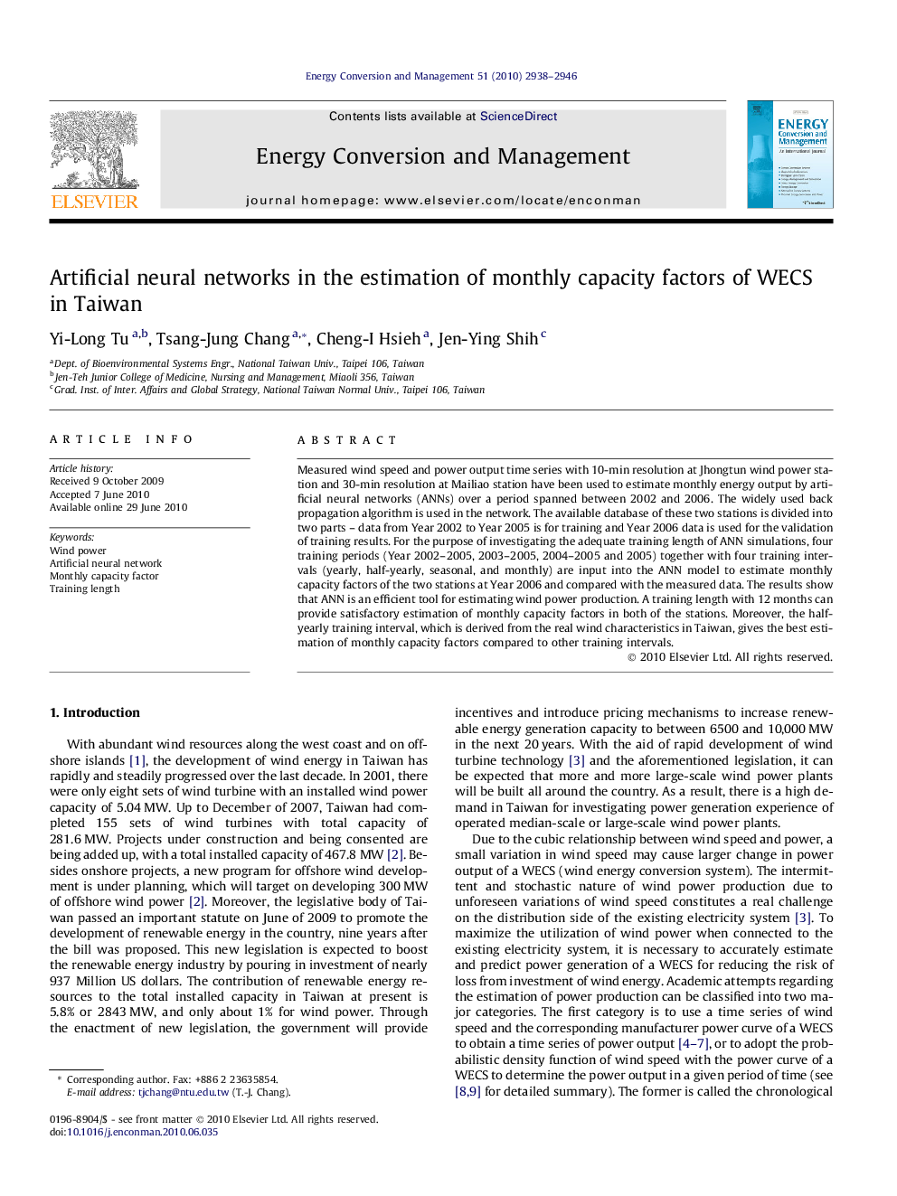 Artificial neural networks in the estimation of monthly capacity factors of WECS in Taiwan