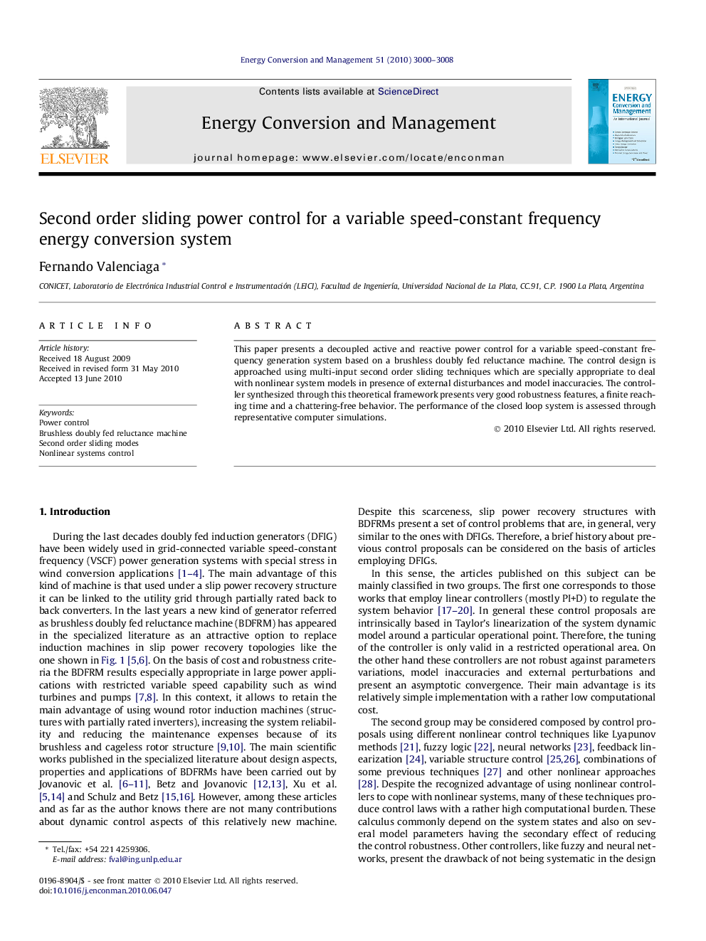 Second order sliding power control for a variable speed-constant frequency energy conversion system