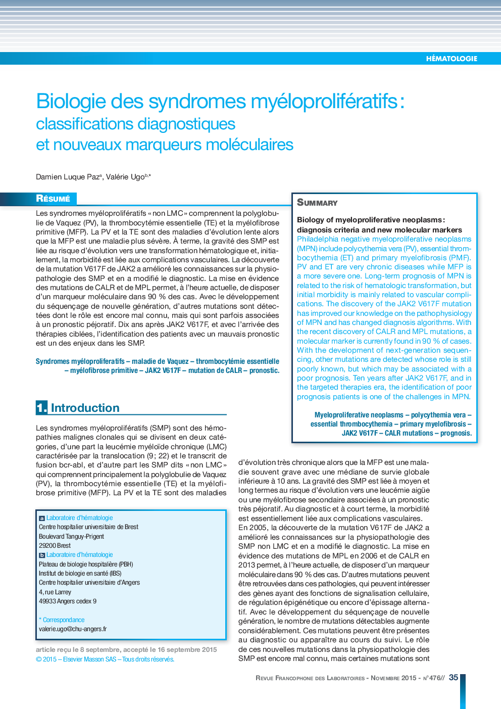 Biologie des syndromes myéloprolifératifs : classifications diagnostiques et nouveaux marqueurs moléculaires