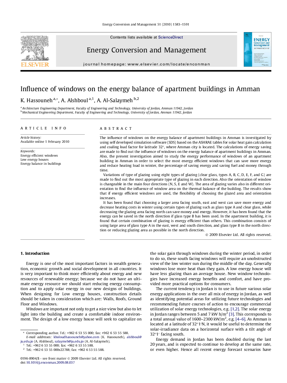 Influence of windows on the energy balance of apartment buildings in Amman