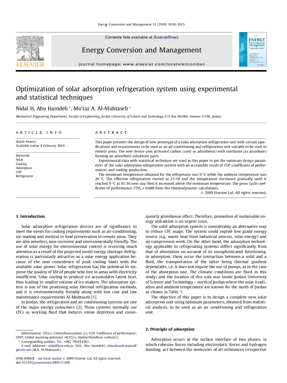 Optimization of solar adsorption refrigeration system using experimental and statistical techniques