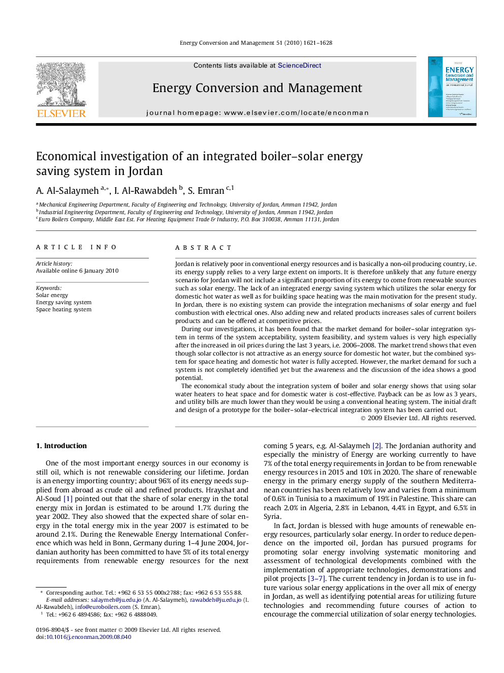 Economical investigation of an integrated boiler–solar energy saving system in Jordan