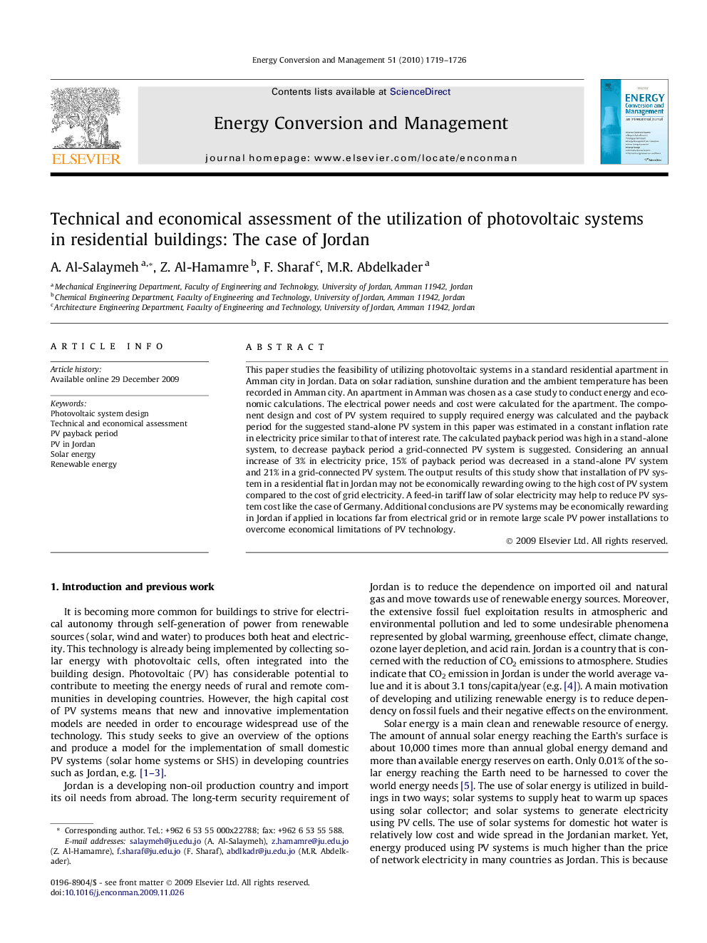 Technical and economical assessment of the utilization of photovoltaic systems in residential buildings: The case of Jordan