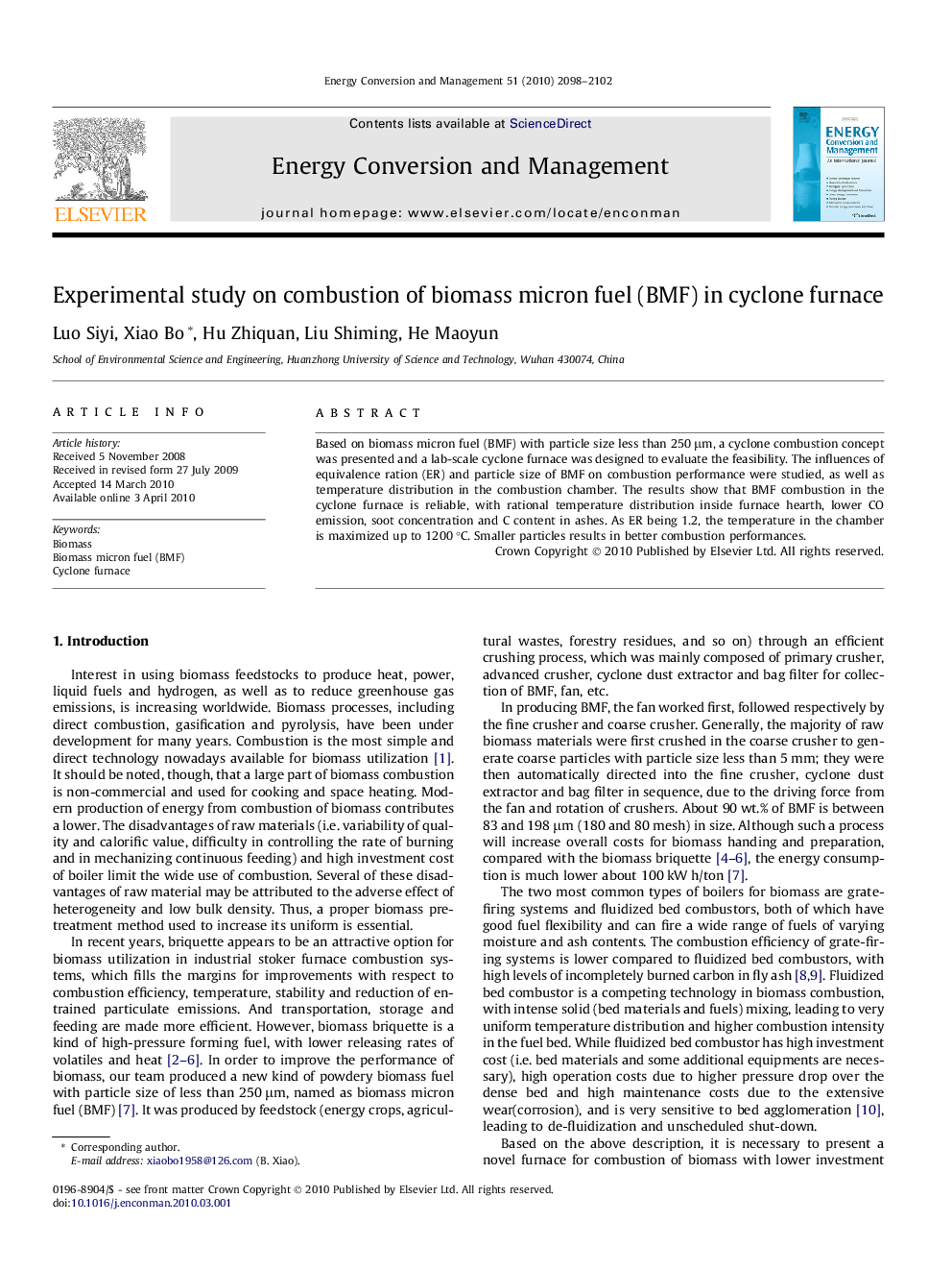 Experimental study on combustion of biomass micron fuel (BMF) in cyclone furnace