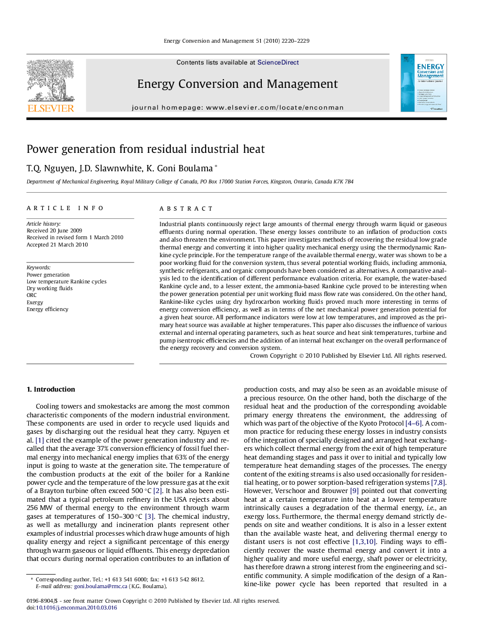 Power generation from residual industrial heat