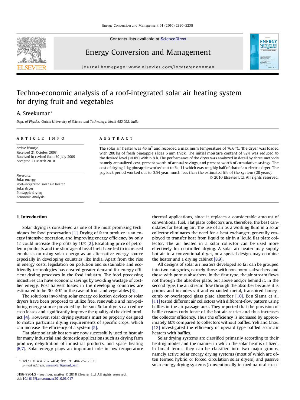 Techno-economic analysis of a roof-integrated solar air heating system for drying fruit and vegetables