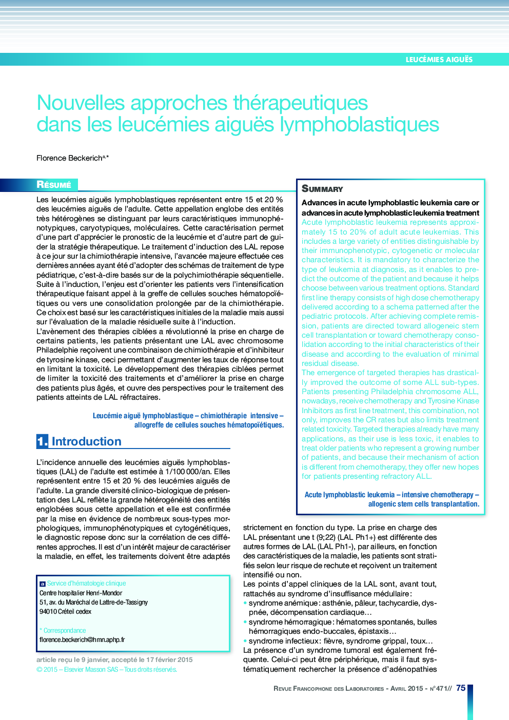 Nouvelles approches thérapeutiques dans les leucémies aiguës lymphoblastiques