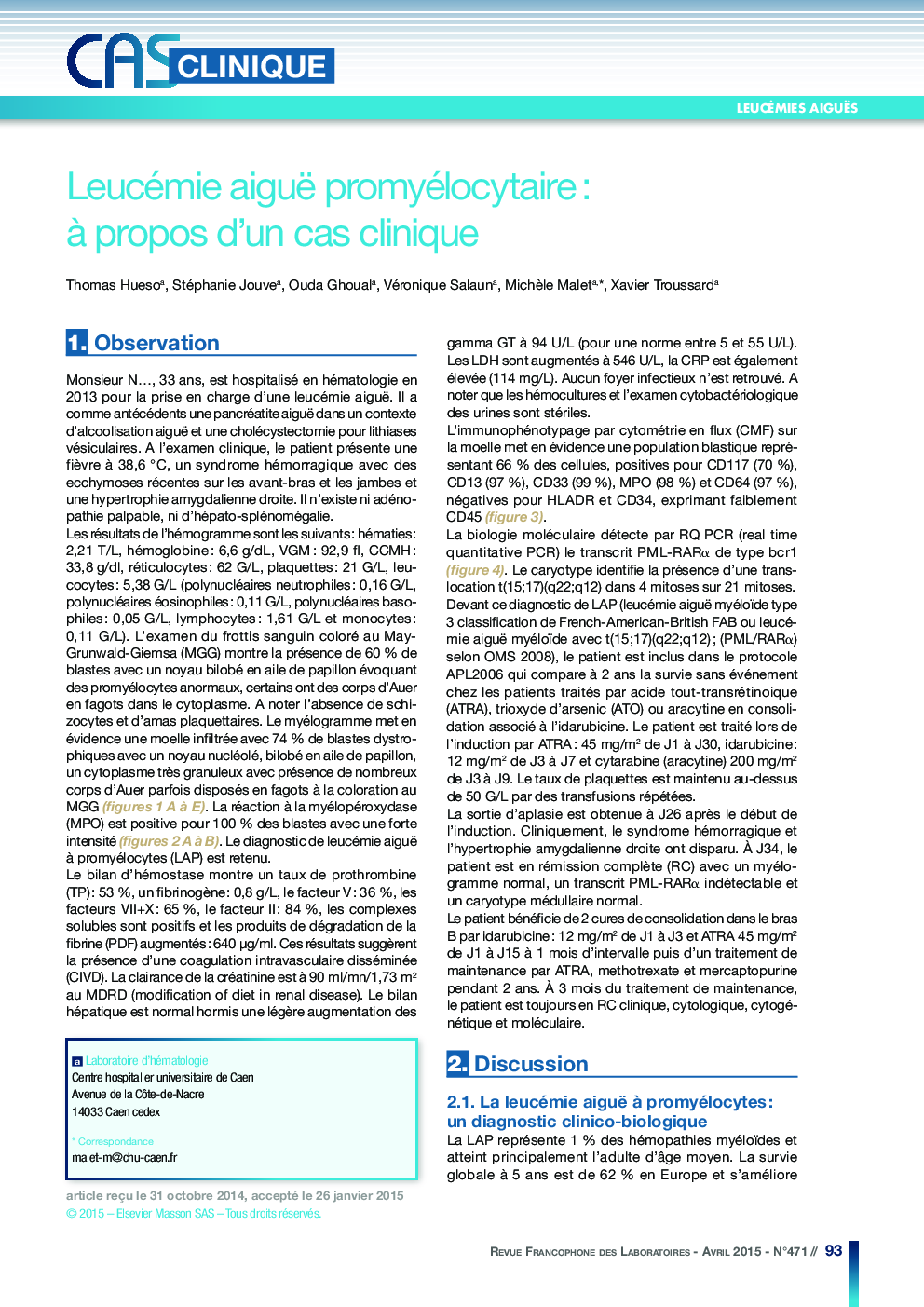 Leucémie aiguë promyélocytaire : Ã  propos d'un cas clinique