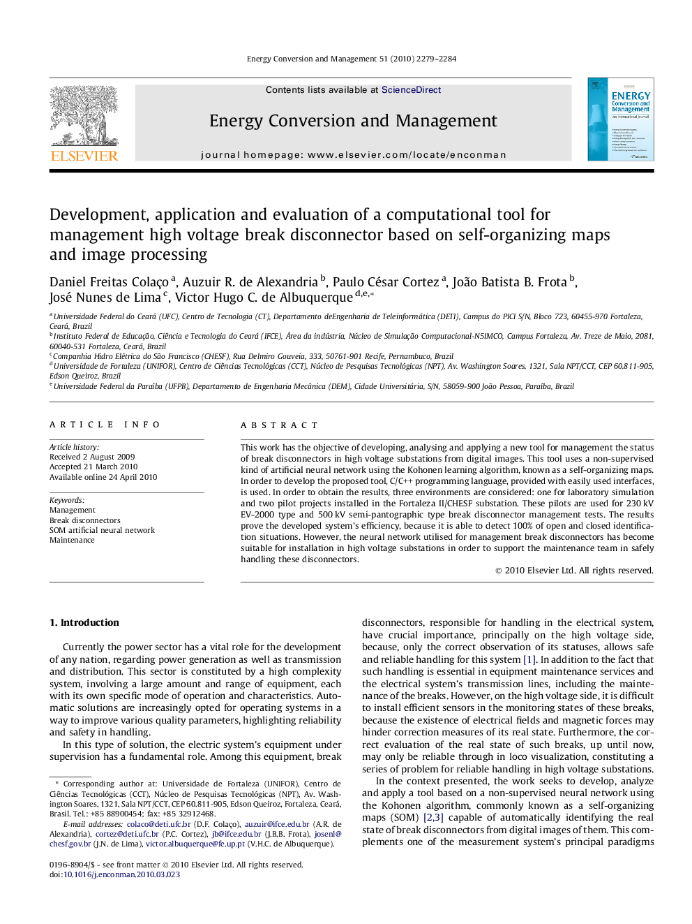 Development, application and evaluation of a computational tool for management high voltage break disconnector based on self-organizing maps and image processing