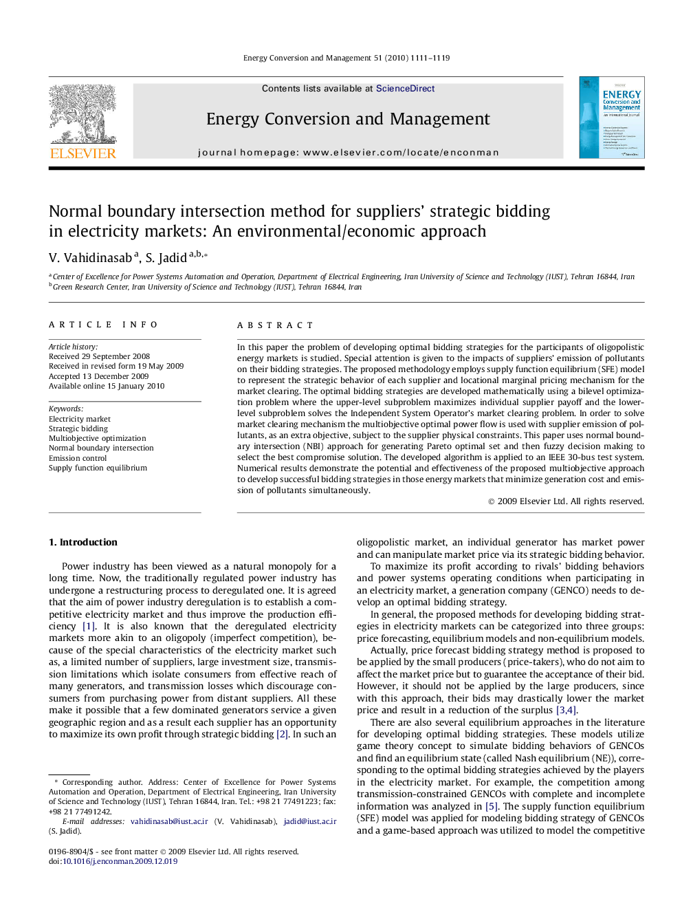 Normal boundary intersection method for suppliers’ strategic bidding in electricity markets: An environmental/economic approach