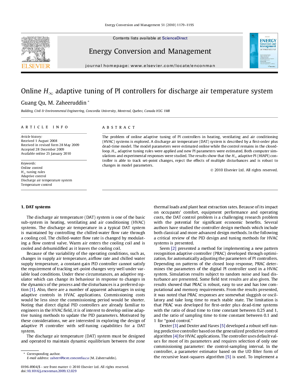 Online H∞ adaptive tuning of PI controllers for discharge air temperature system