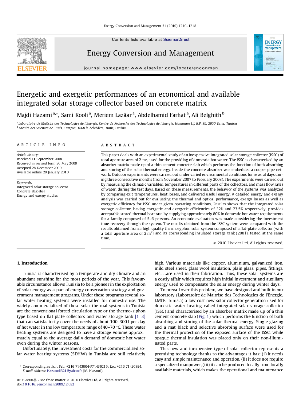 Energetic and exergetic performances of an economical and available integrated solar storage collector based on concrete matrix