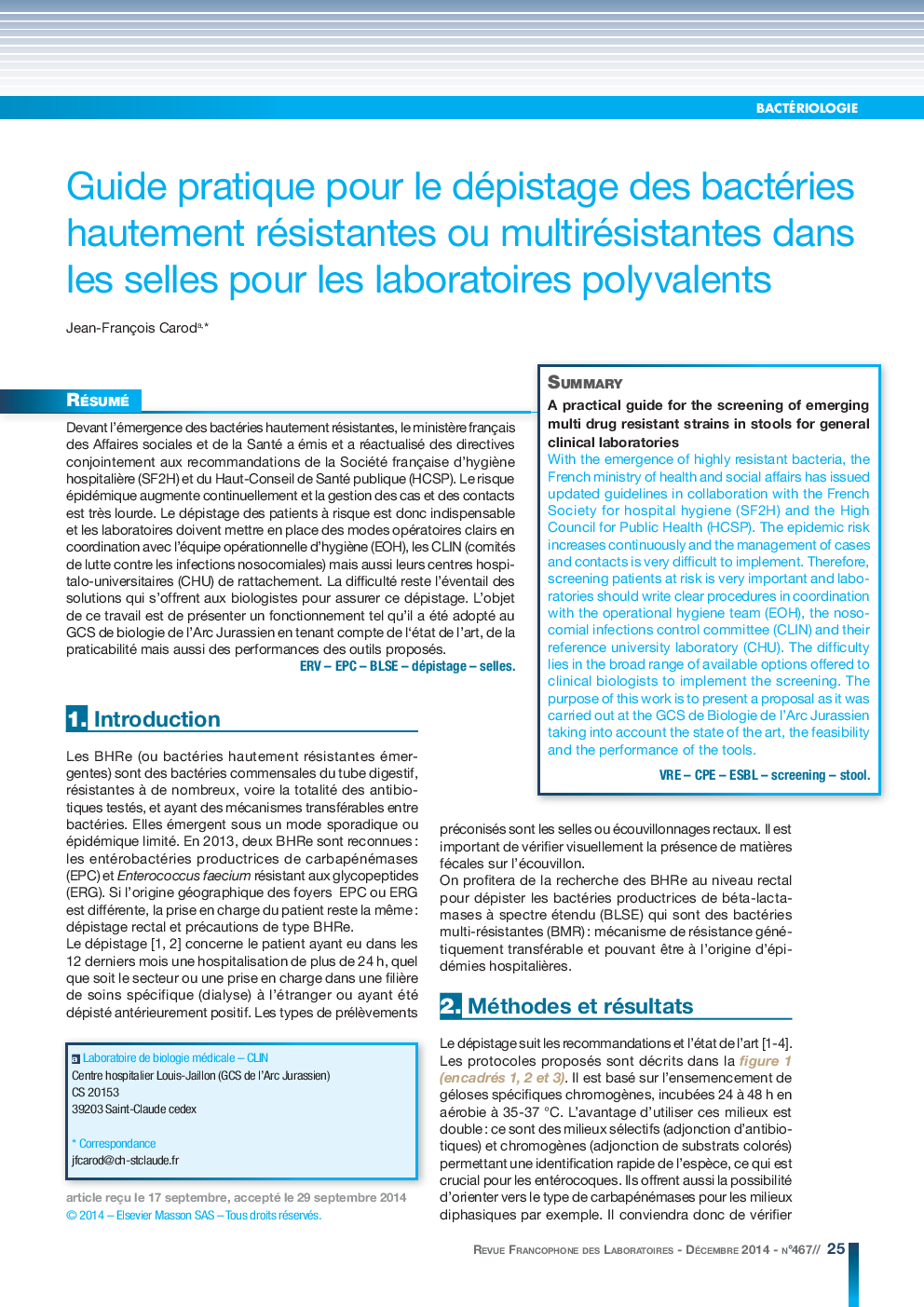 Guide pratique pour le dépistage des bactéries hautement résistantes ou multirésistantes dans les selles pour les laboratoires polyvalents