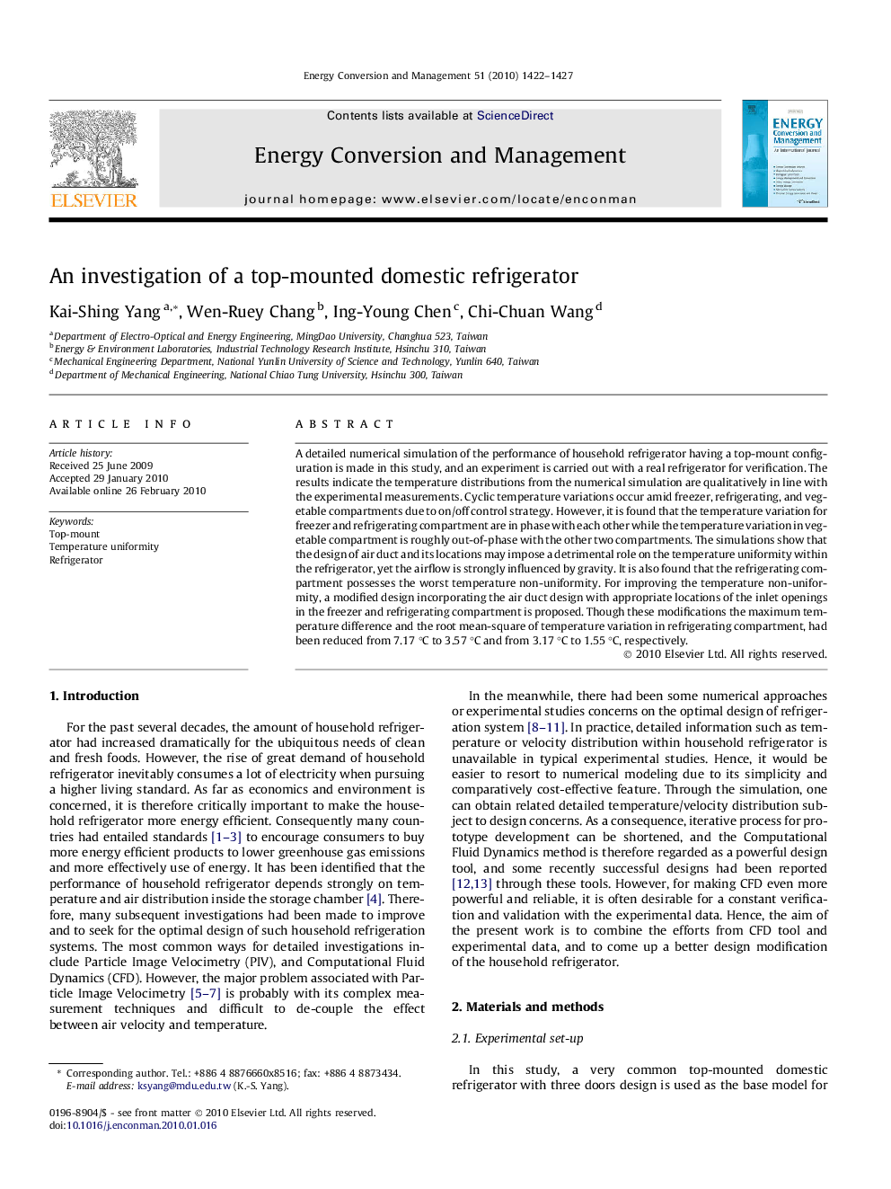 An investigation of a top-mounted domestic refrigerator