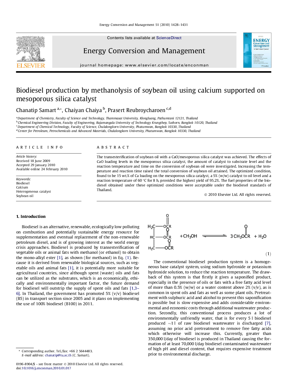 Biodiesel production by methanolysis of soybean oil using calcium supported on mesoporous silica catalyst