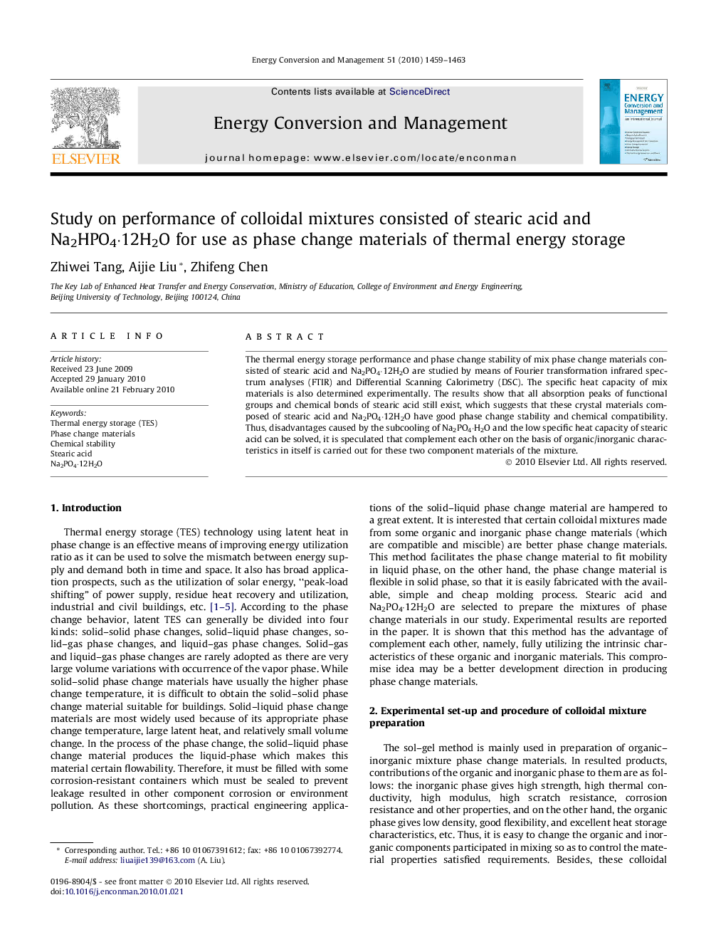 Study on performance of colloidal mixtures consisted of stearic acid and Na2HPO4·12H2O for use as phase change materials of thermal energy storage