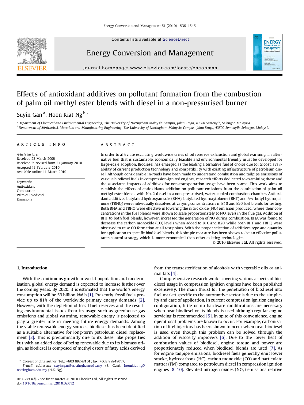 Effects of antioxidant additives on pollutant formation from the combustion of palm oil methyl ester blends with diesel in a non-pressurised burner