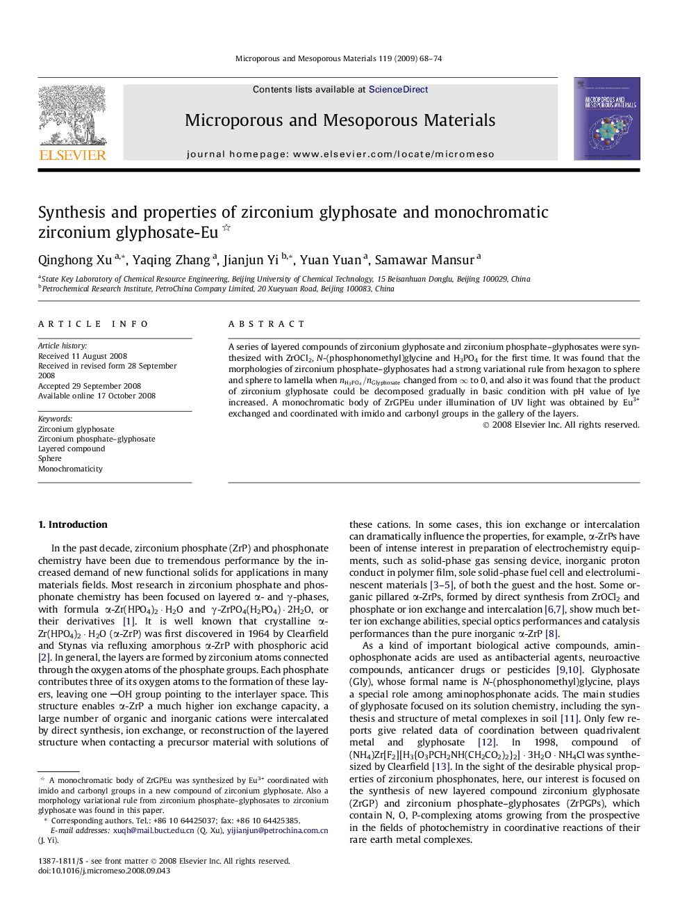 Synthesis and properties of zirconium glyphosate and monochromatic zirconium glyphosate-Eu 