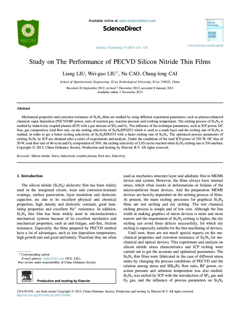 Study on The Performance of PECVD Silicon Nitride Thin Films 