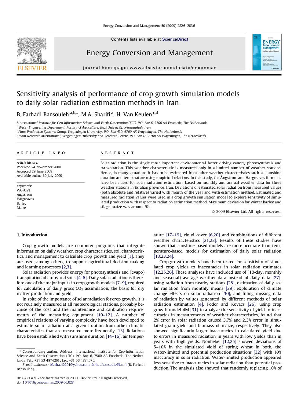 Sensitivity analysis of performance of crop growth simulation models to daily solar radiation estimation methods in Iran