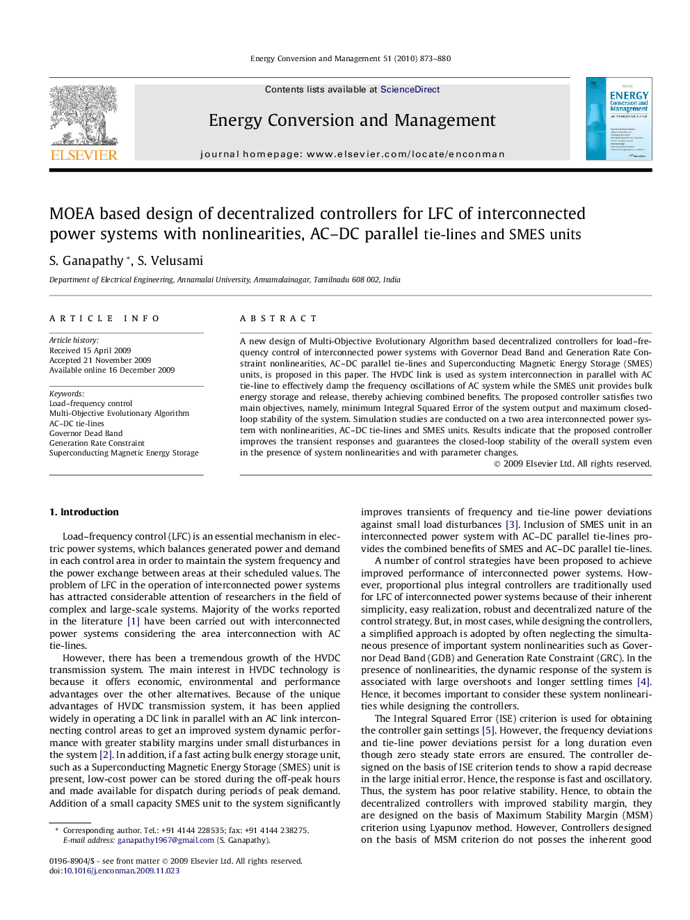 عکس صفحه اول مقاله: MOEA based design of decentralized controllers for LFC of interconnected power systems with nonlinearities, AC–DC parallel tie-lines and SMES units MOEA based design of decentralized controllers for LFC of interconnected power systems with nonlinearities, AC–DC parallel tie-lines and SMES units