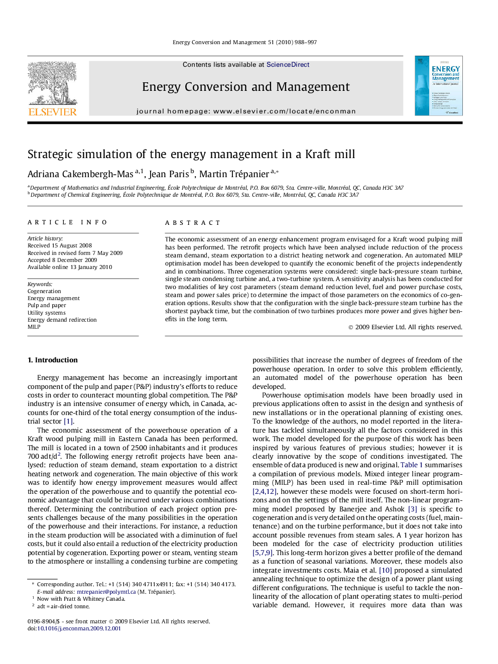 Strategic simulation of the energy management in a Kraft mill